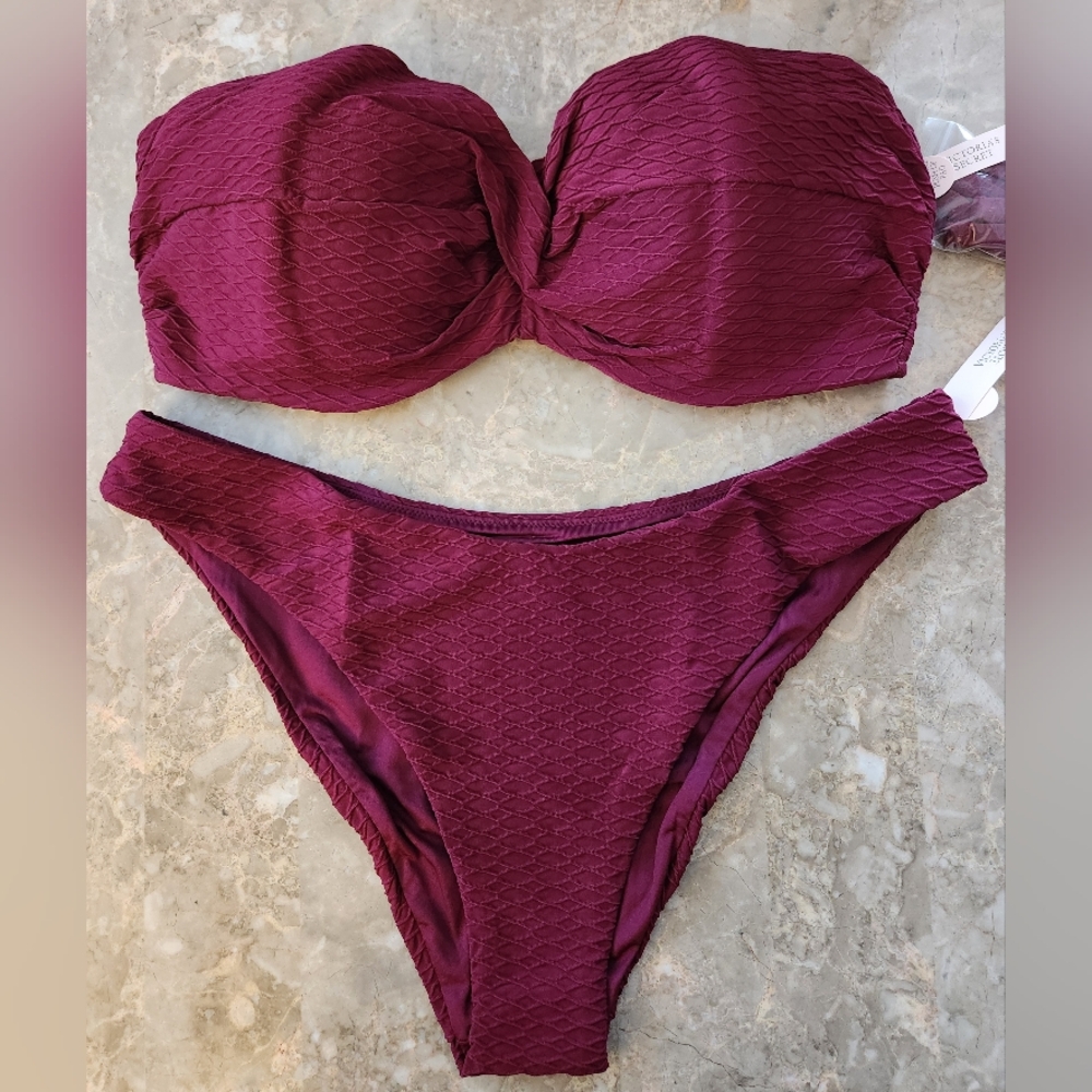 38DD/XXL VS Swim Twist Bandeau PushUp Bikini Top Brazilian Bikini Set